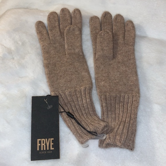 🦃 FRYE Brown Leather Patch Knit Gloves Cognac Color NWT S / M - Picture 3 of 11